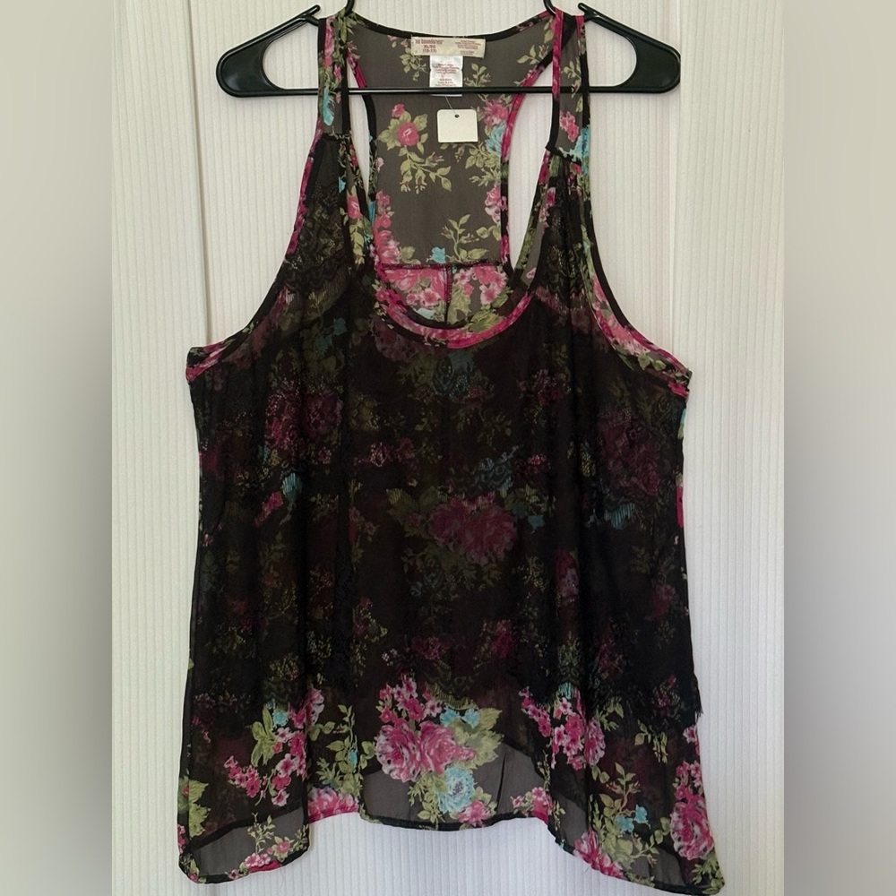 No Boundaries Black Floral Sheer and Lace Tank Top XL